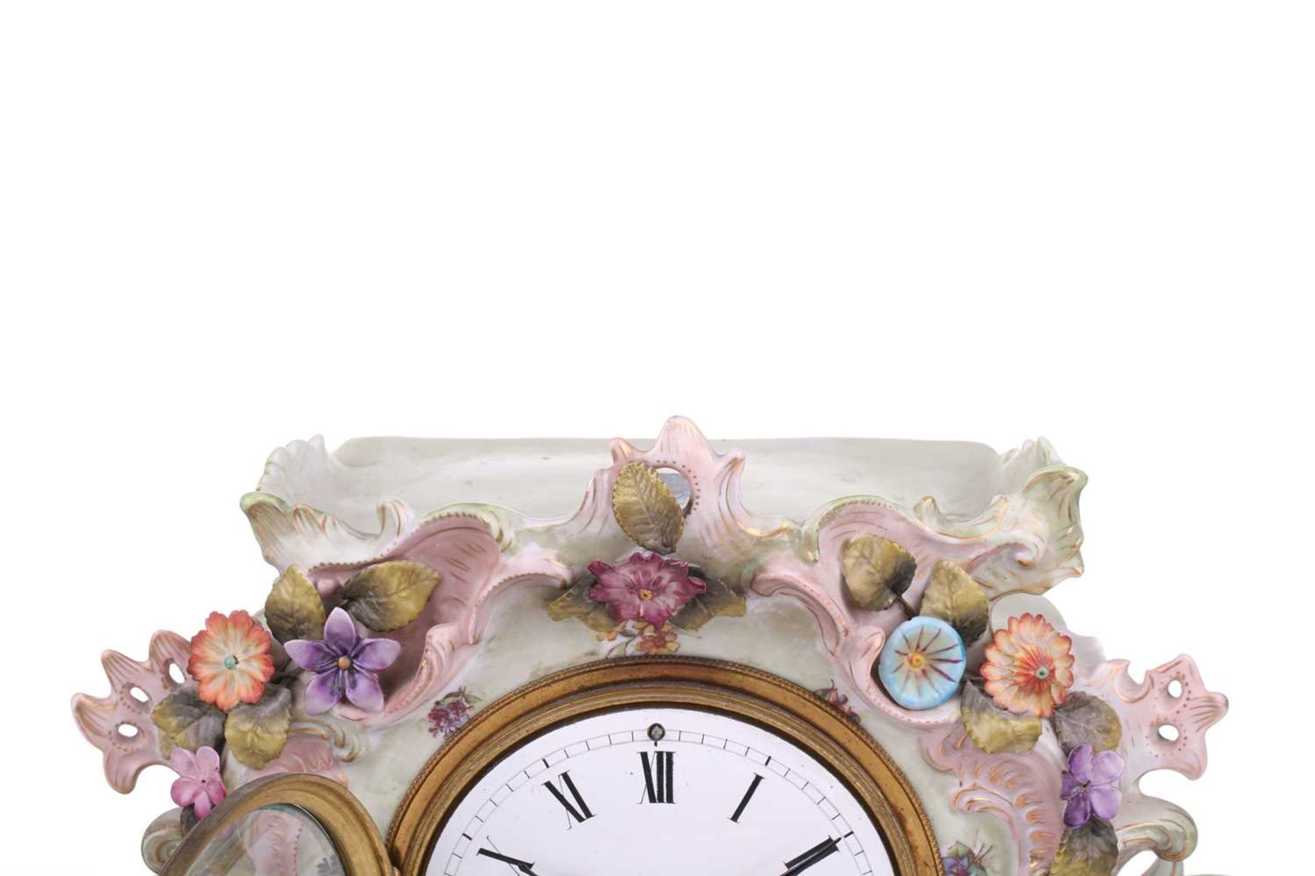 A late 19th-century German Porcelain figural 8-day mantel clock with cherubic and muse surmount - Image 14 of 19