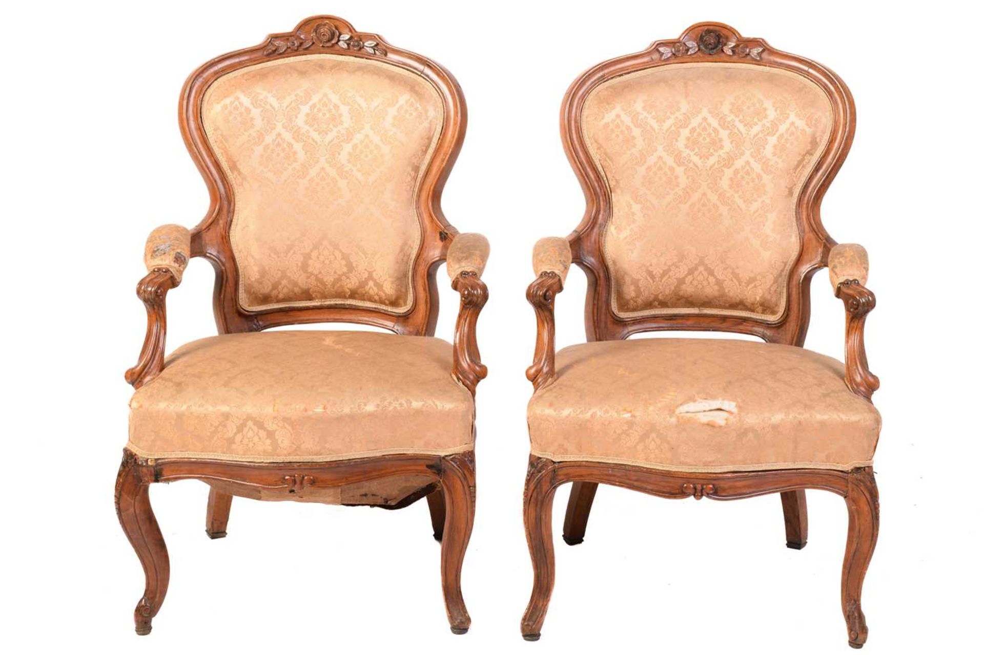 A 19th century matched salon suite, the three-seat settee with shaped back surmounted by a rose - Image 6 of 18
