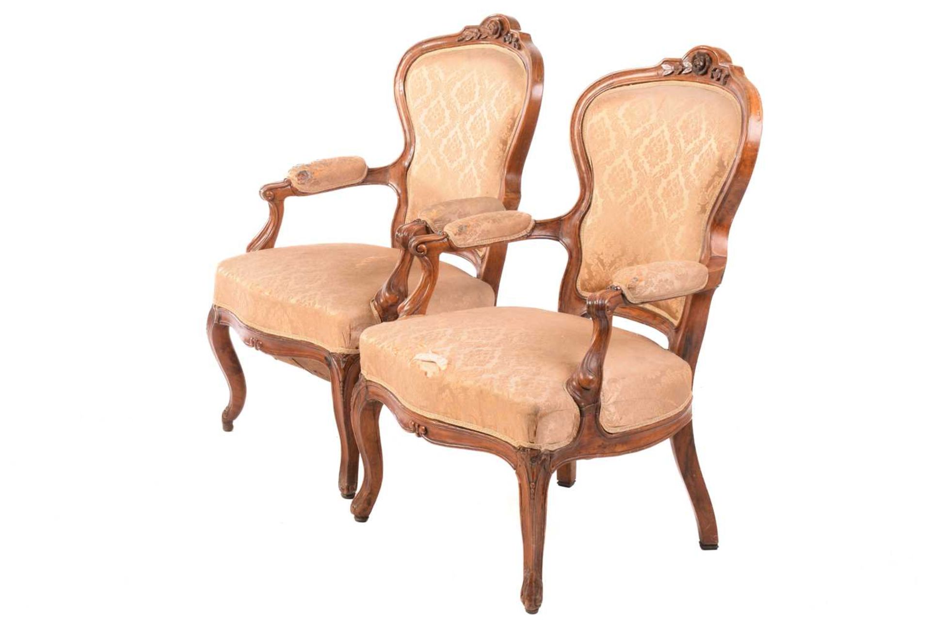 A 19th century matched salon suite, the three-seat settee with shaped back surmounted by a rose - Image 14 of 18