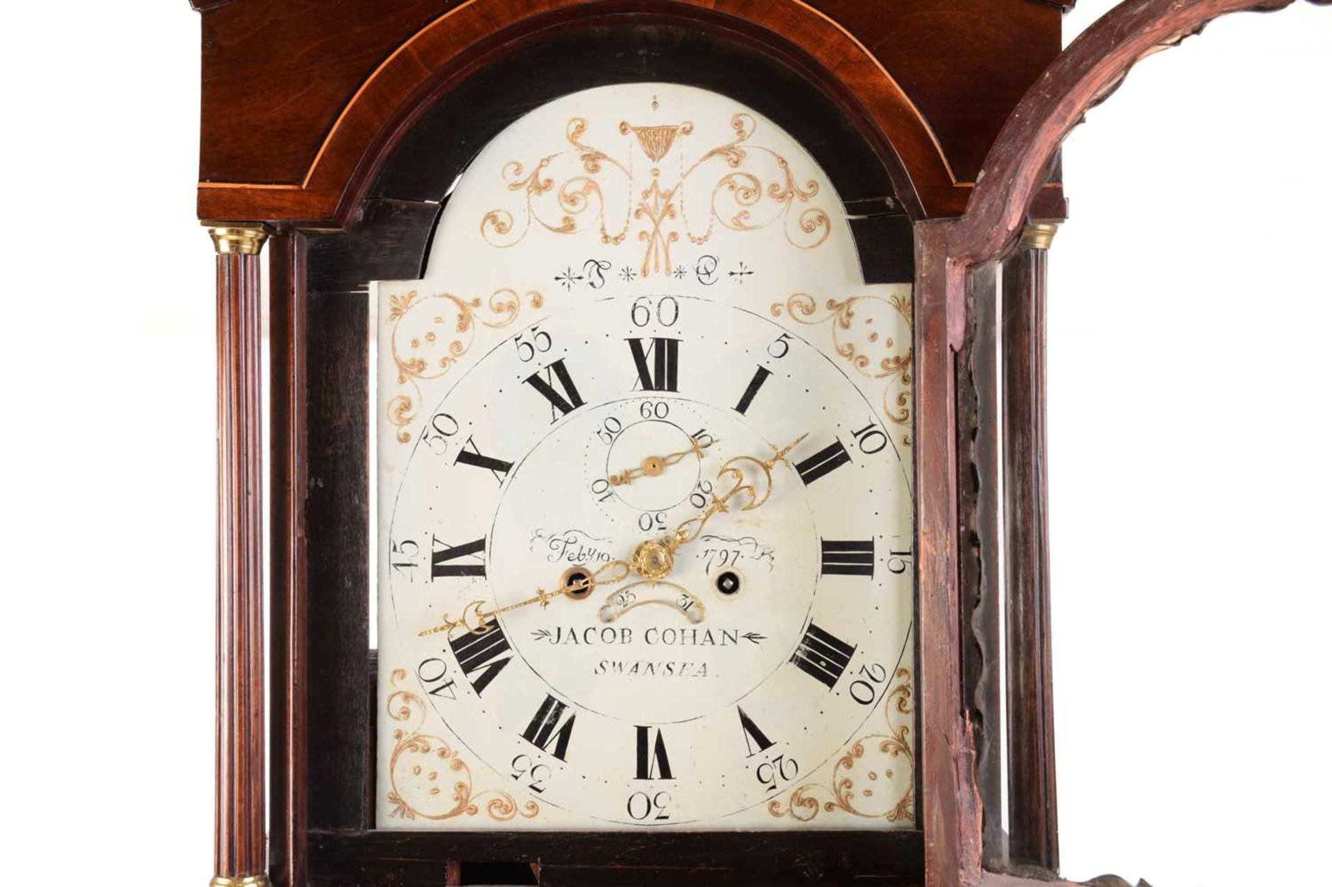 Jacob Cohan (Cohen) Swansea; an unusual documented George III mahogany longcase clock, the broken - Image 8 of 11