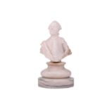 An alabaster bust of George III, on an associated circular base, 19 cm high.Loose on base, with some