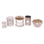 A group of five small silver items, including two dressing table boxes, one by William M Hayes,