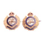 Two WWII Royal Engineers Corp badges in 9ct gold, centred with George VI royal cypher within olive