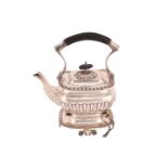 An Edwardian silver teapot and stand, of rectangular gadrooned form with ebony handle, engraved