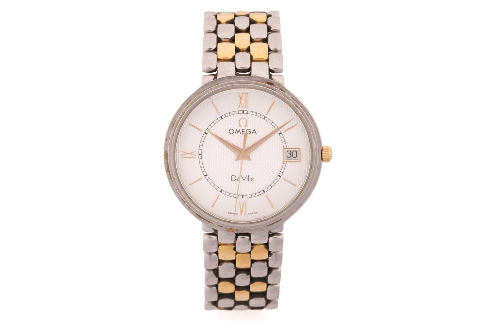 An Omega DeVille bi-colour quartz wristwatch ref. 56509735, the silvered textured dial having