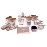 A mixed collection of silver cruets, including a pair of mustard pots by William Hutton and Sons