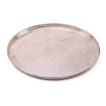 A Roberts & Belk heavy silver circular tray, inscribed "Presented to Mr Gregory Squire as a token of