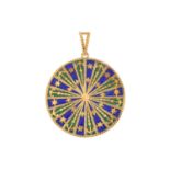 A plique-à-jour enamel Rose Window pendant in 18ct gold, with nautic design motifs, green and blue