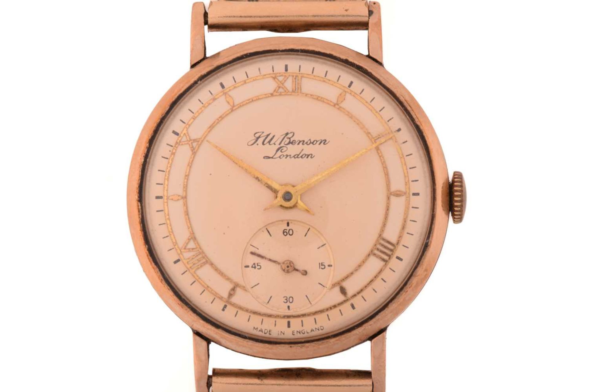 A 1955 JW Benson yellow metal manual wind wristwatch, the cream dial having Roman numerals and - Image 2 of 8