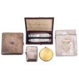 A carved mother of pearl card case, a silver and guillché enamel compact, a naval cigarette case,