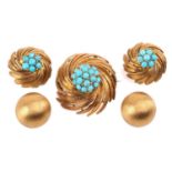 A turquoise brooch and clip-on earrings ensuite, together with another; the brooch centred with a