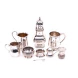 A collection of small silver items comprising a silver square section sugar caster, a silver