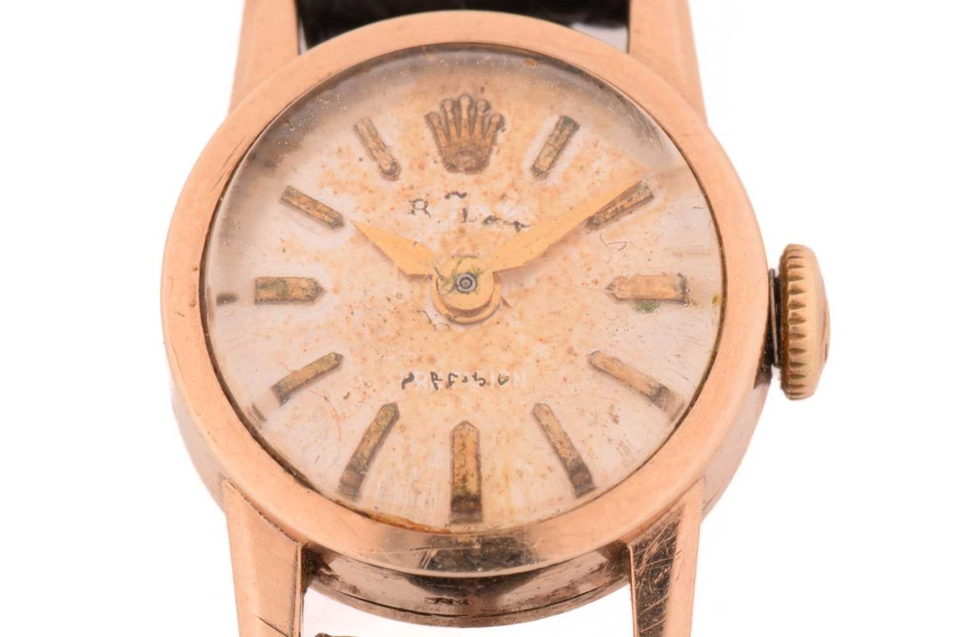 A Rolex ladies yellow metal dress watch, the worn silvered dial having batton hour markers with - Image 2 of 9