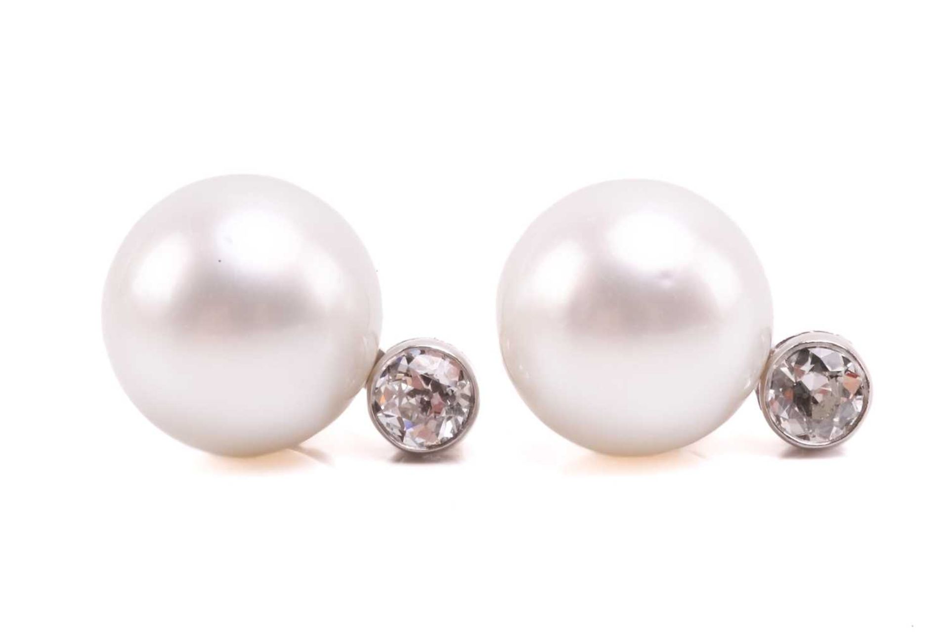 A pair of pearl and diamond earrings and a ring en suite; the central single freshwater pearl - Image 4 of 7