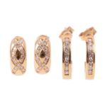 Two pairs of diamond-set hoop earrings in 18ct yellow gold; the first channel-set with diamond