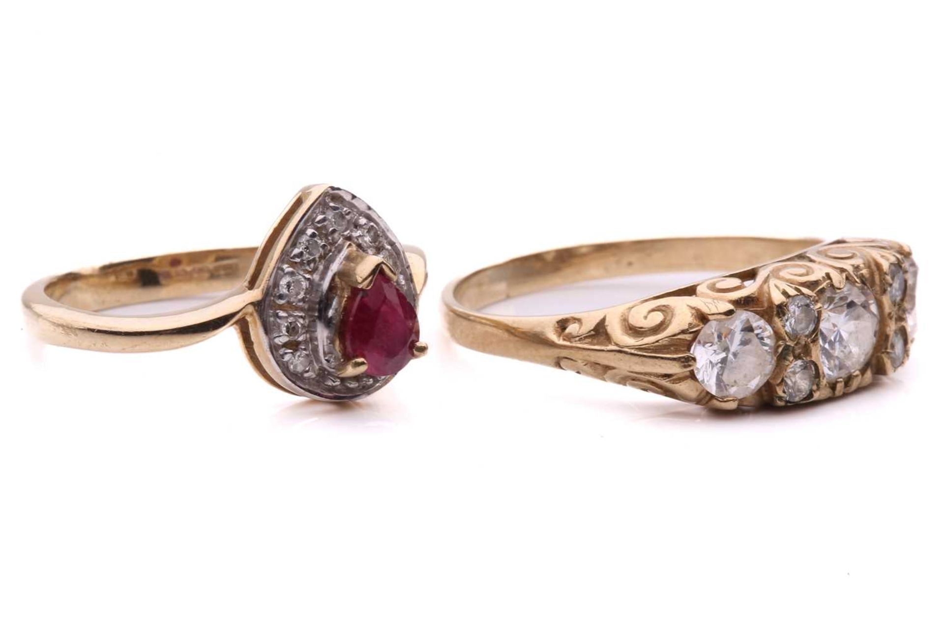 Two gem-set dress rings; the ruby and diamond cluster ring, set with a pear shape ruby surrounded by - Image 2 of 4