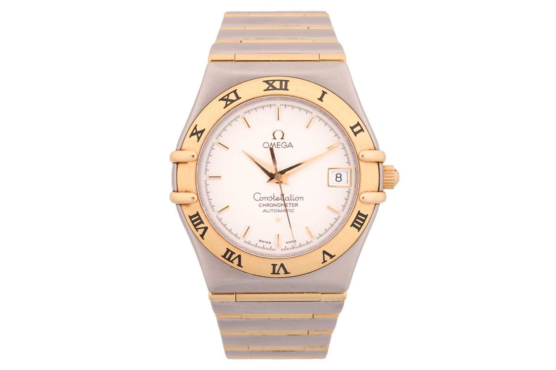 Omega. An Omega Constellation mixed metal, automatic chronometer; white dial with gold baton