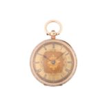 An open-face fob pocket watch, featuring a key wound movement in a yellow metal case stamped 14K and