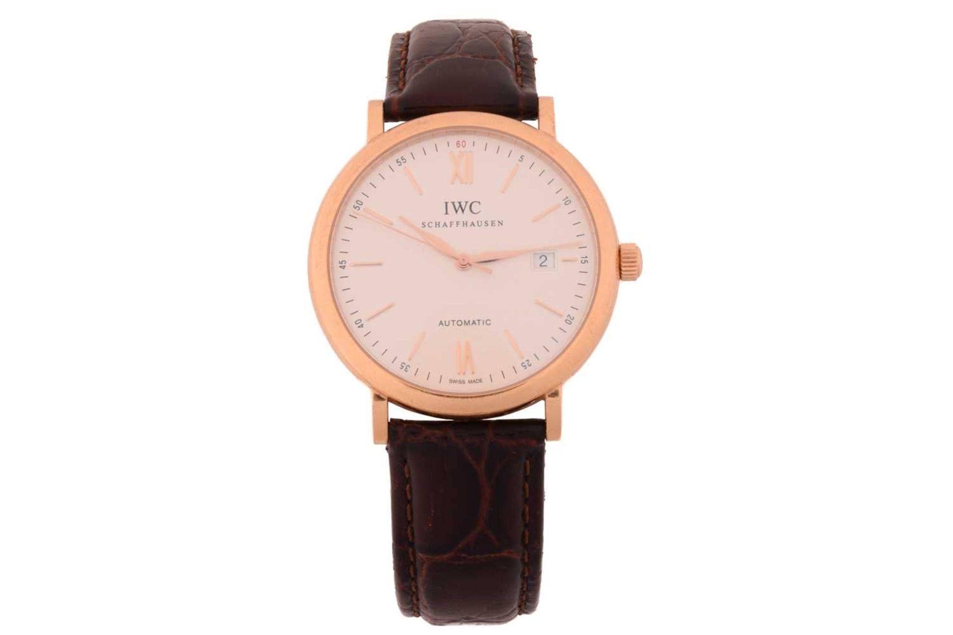 An IWC Portofino 18ct rose gold automatic wristwatch ref. 5502392, the silvered white face having