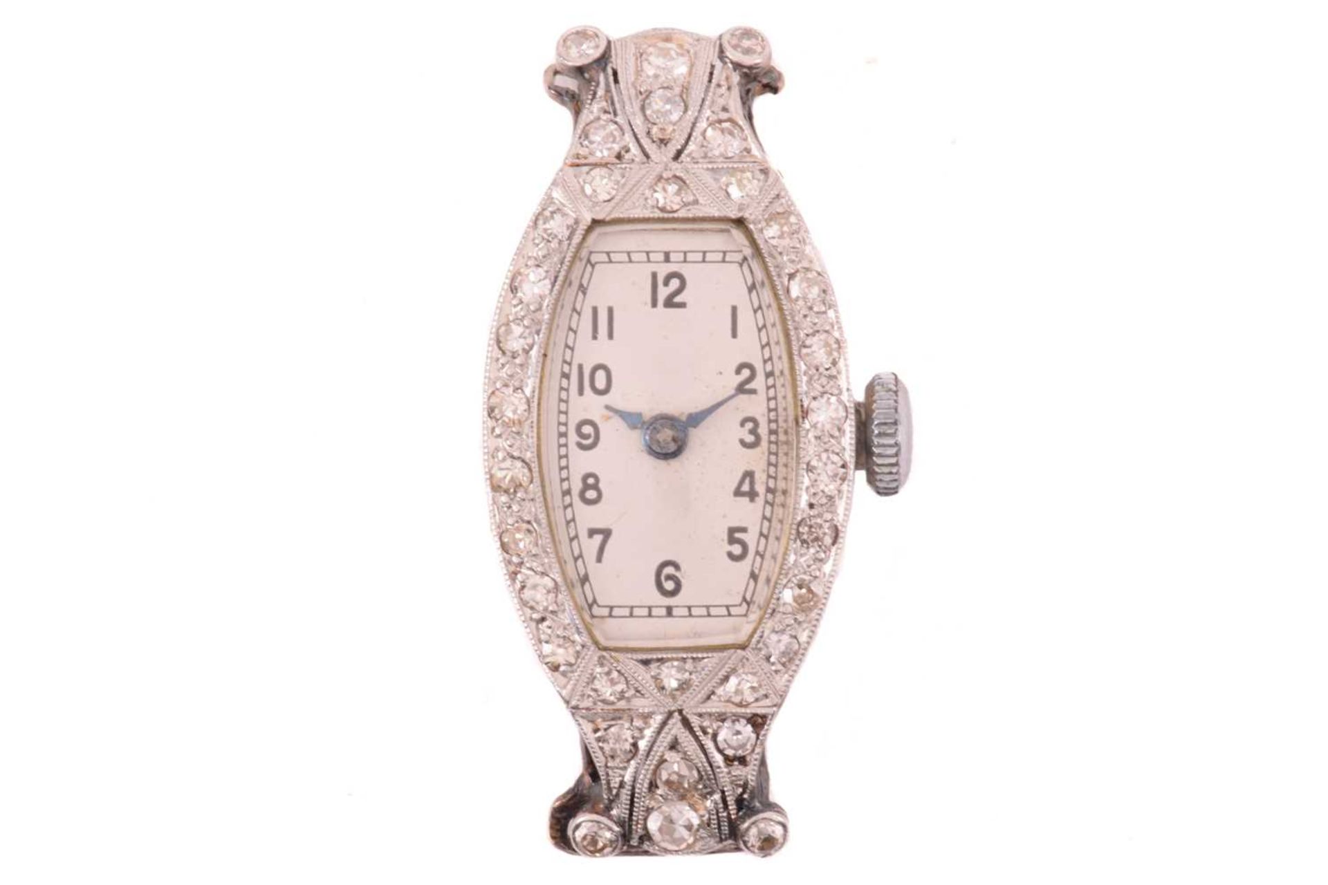 An Art Deco lady's dress watch, featuring a hand-wound movement in a white metal case stamped