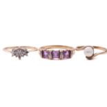 Three gem-set rings; the diamond cluster ring set with round brilliant cut diamonds with a total