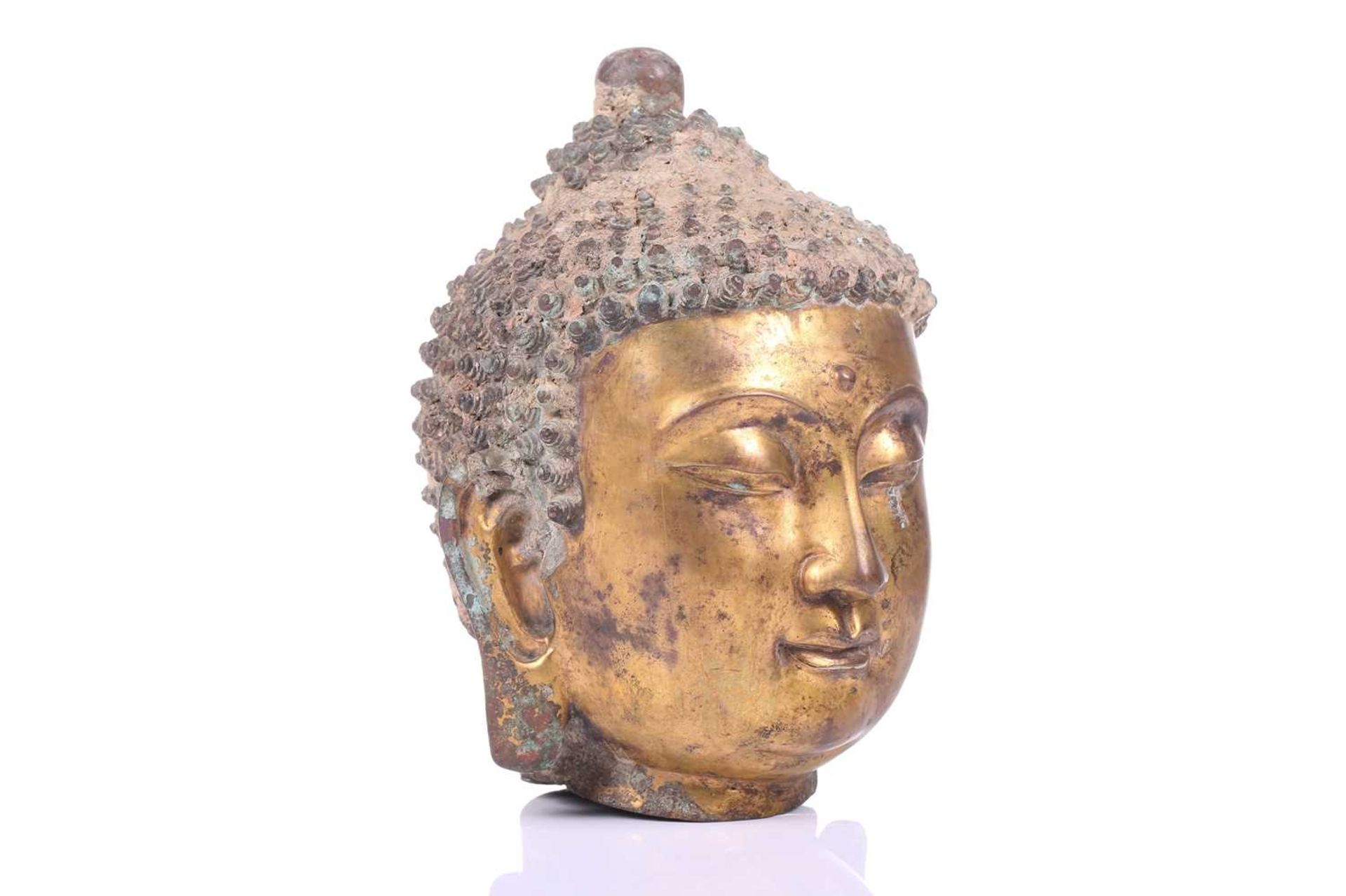 A Sino-Tibetan gilt bronze head of a Buddha, with elongated earlobes, tightly curled hair with domed - Image 2 of 9