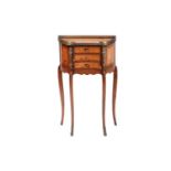 A Louis XVI style burr elm veneered and crossbanded side table, the brass gallery bowed top with