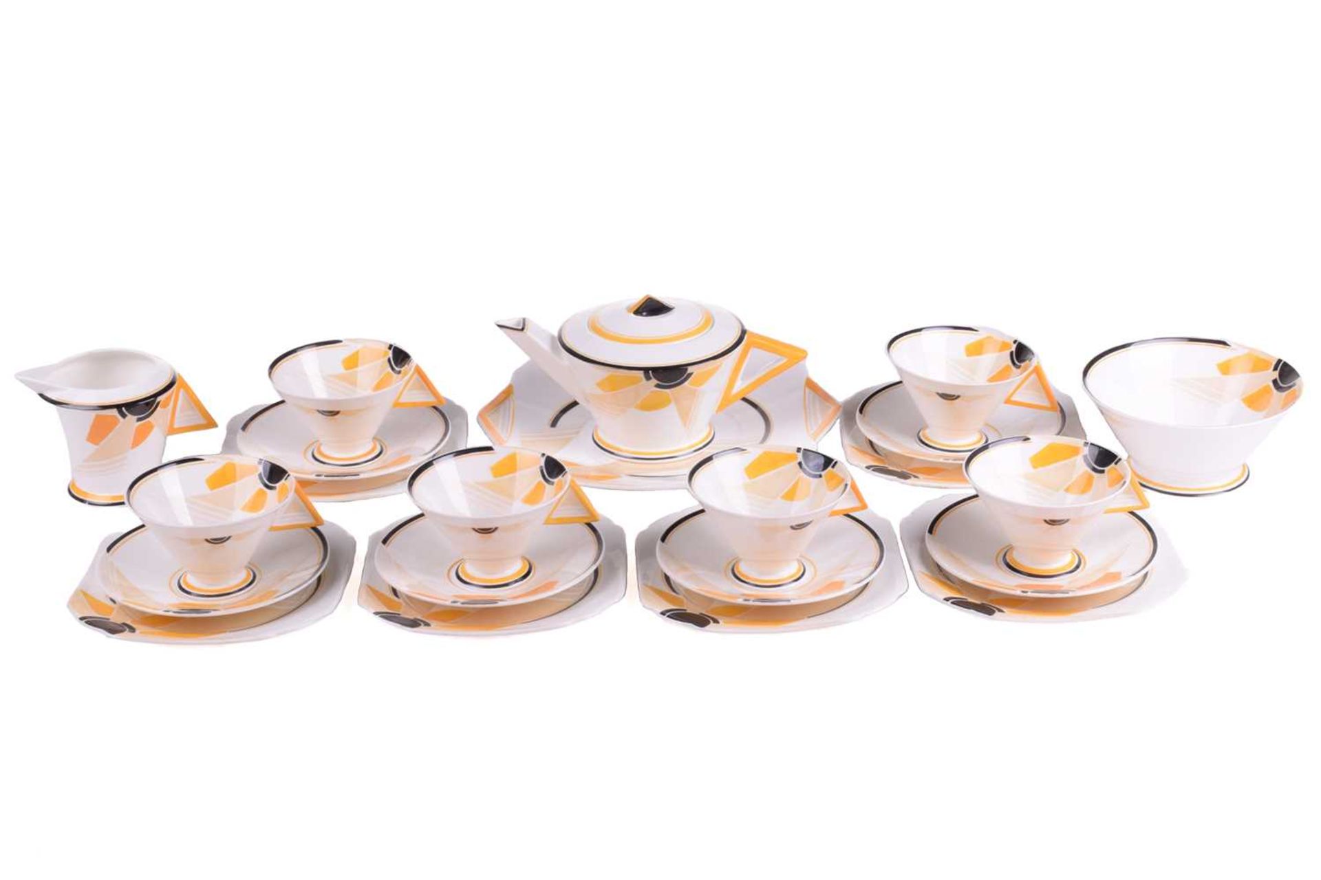 A 1930s Shelley 'Vogue Sunray' tea set, designed by Eric Slater, comprising: six teacups, six