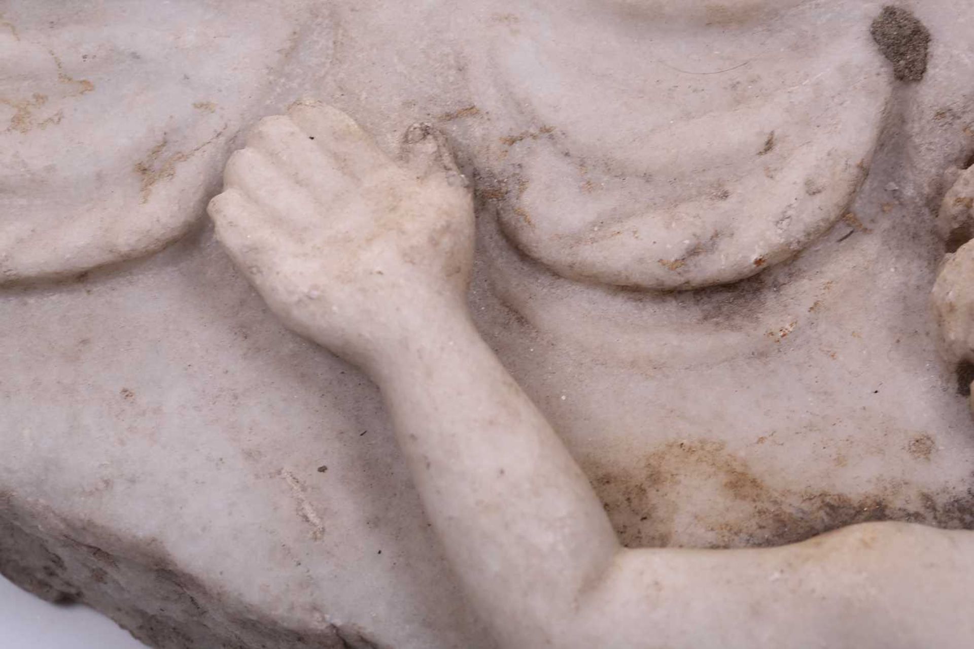A Roman Marble fragment, 2nd/3rd century AD, possibly part of a sarcophagus, depicitng a youth in - Image 7 of 11