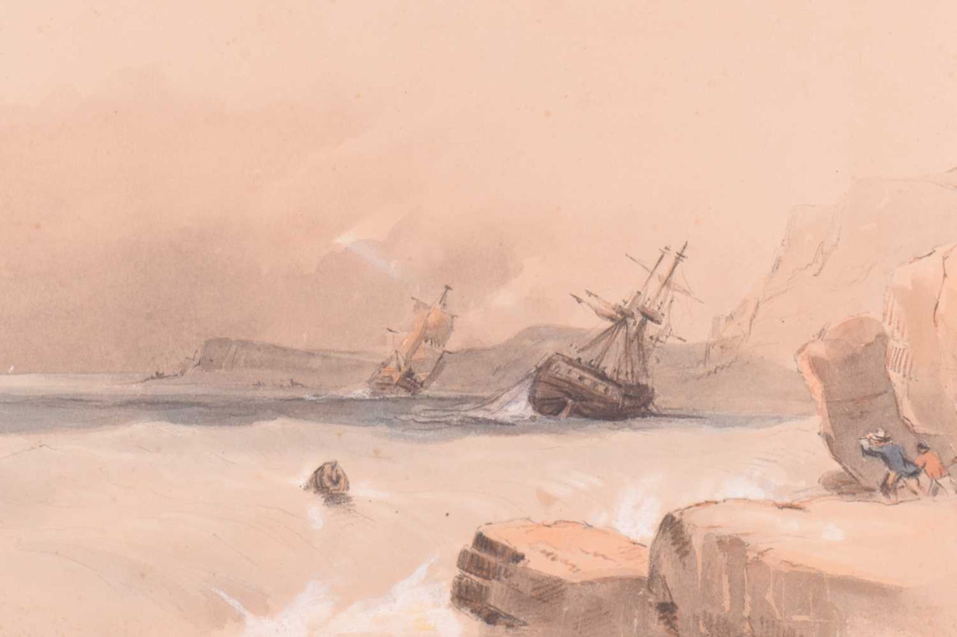 Attributed to Henry Bright (1810-1873), figures on a rocky coast, watching ships in heavy seas, - Image 6 of 7