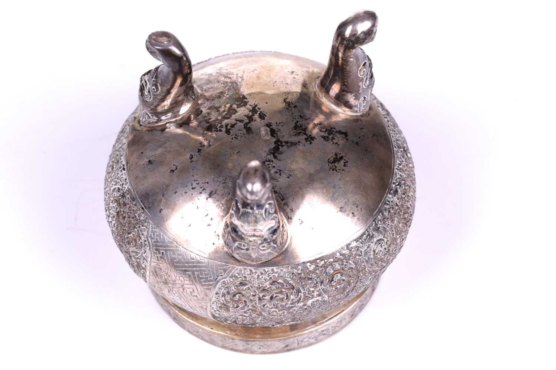 A Chinese silver censer of circular squat-bellied form, late Qing Dynasty/early Republic, the body - Image 7 of 13