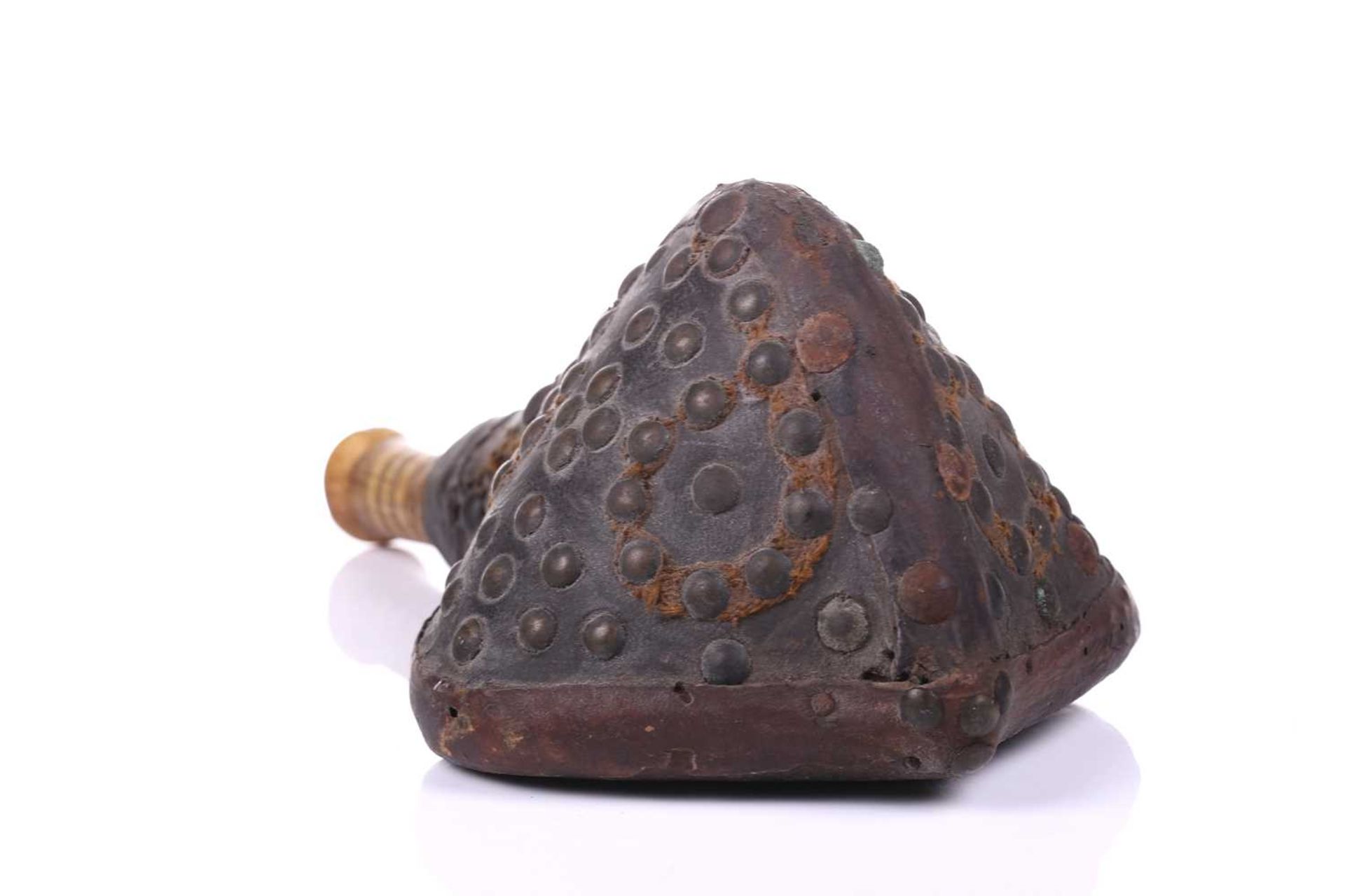 A North African triangular section powder flask 18th/19th century, with studded hide body and turned - Image 6 of 9