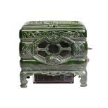 A Faure Revin 'Mah Jong' green enamelled stove, converted into an electric heater, 50 cm wide, 46 cm
