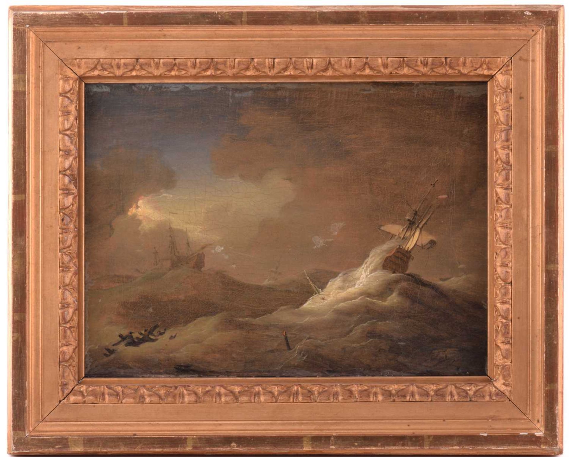 18th century Continental School, Galleons in a Storm, indistinctly signed bottom right, oil on - Image 2 of 11