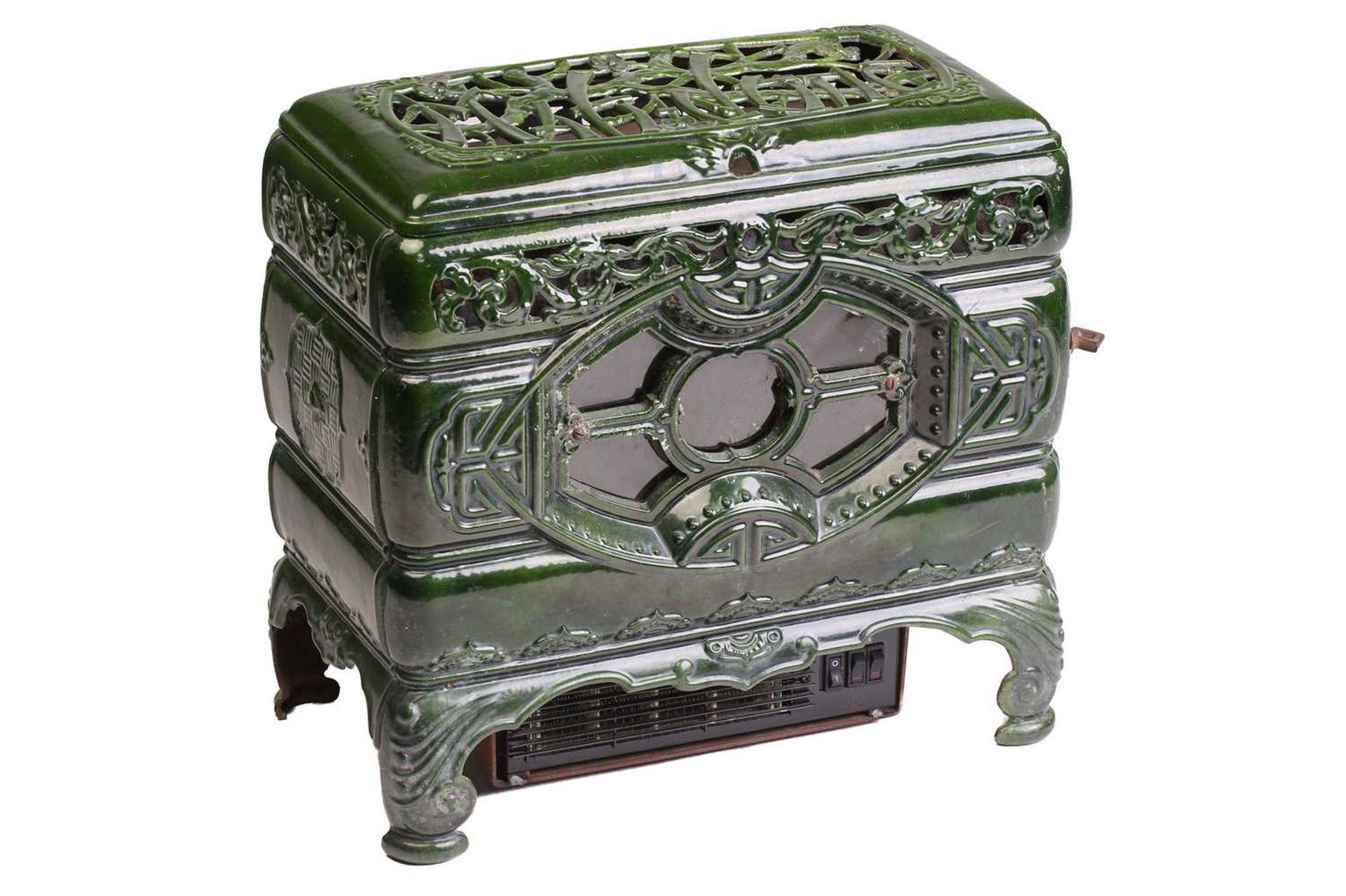 A Faure Revin 'Mah Jong' green enamelled stove, converted into an electric heater, 50 cm wide, 46 cm - Image 12 of 15