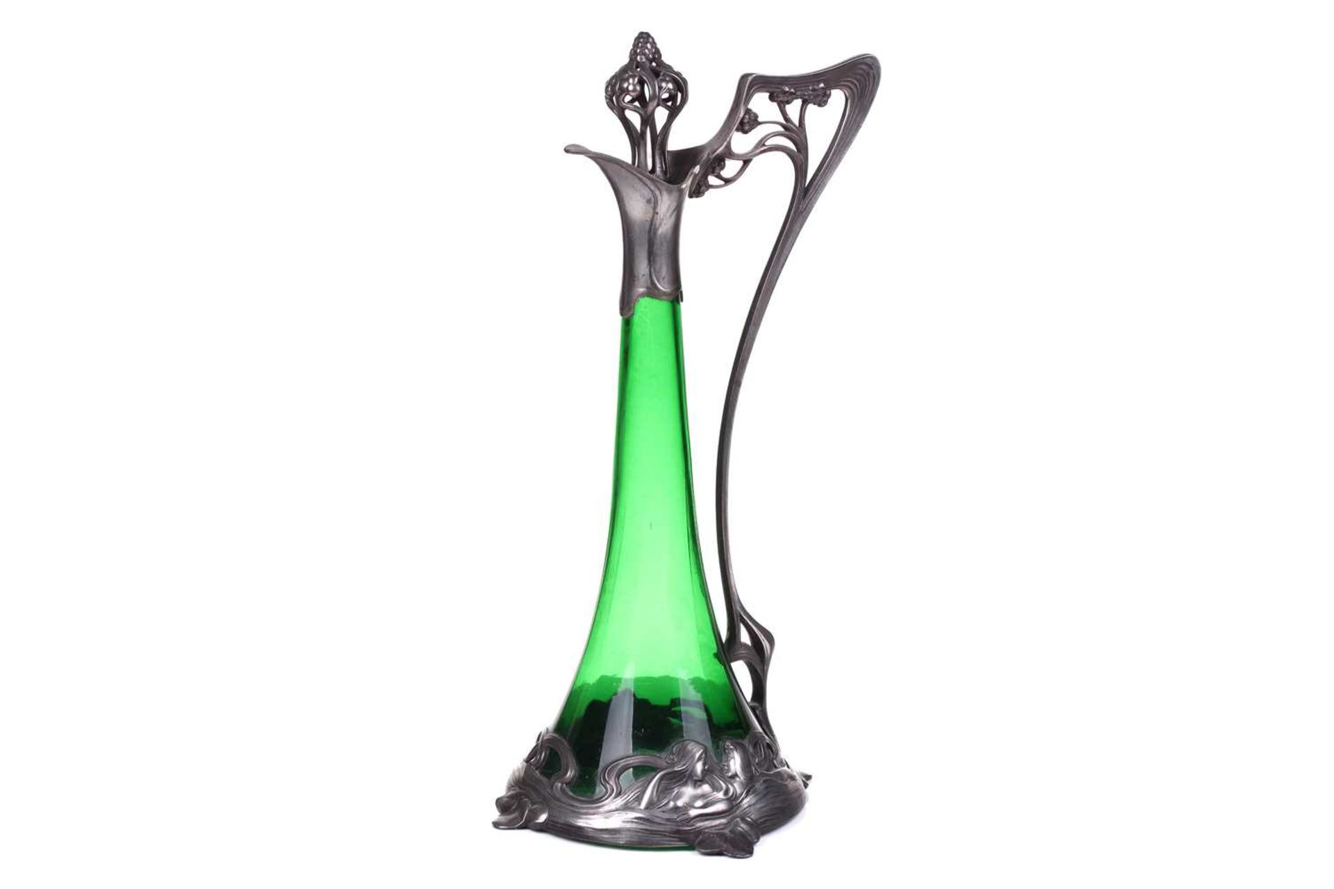 Albert Mayer for WMF, a pewter mounted green glass claret jug / ewer, c.1900, of inverted tapering