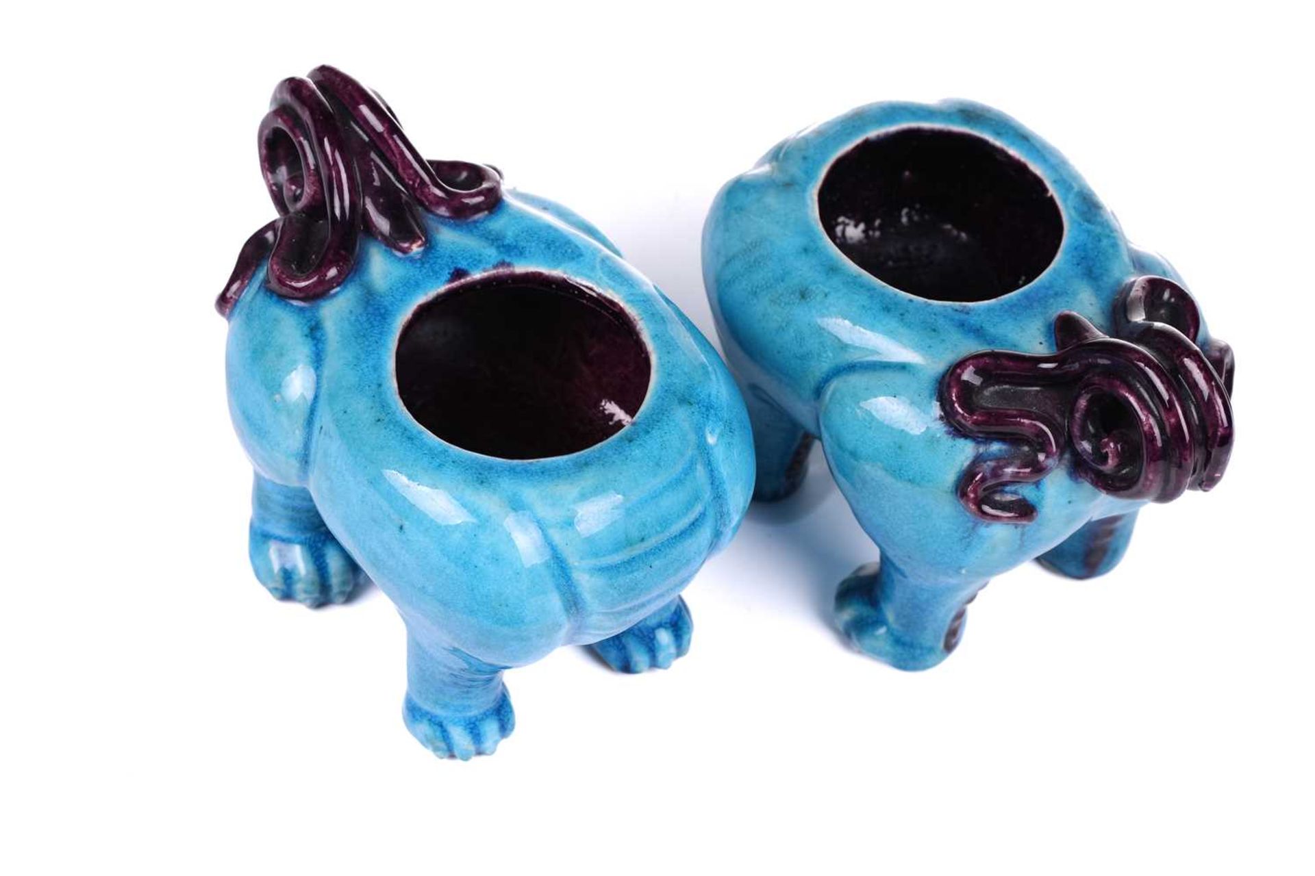 A pair of Chinese standing lion dogs, with removable heads and open mouths, in turquoise and - Image 4 of 24