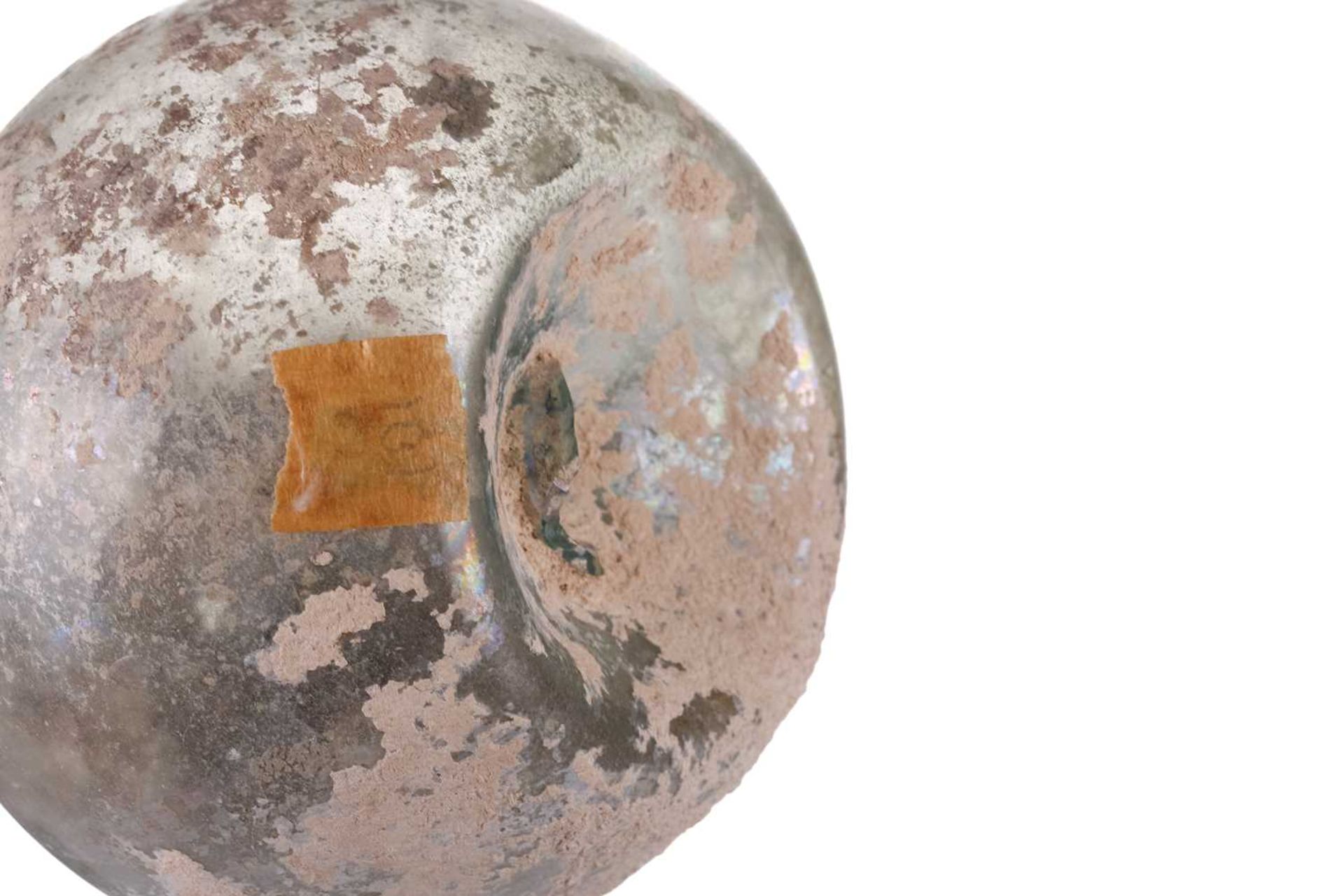 A Roman glass bulbous flask with everted rim, signs of oxidation and encrusted soil to the - Image 5 of 6