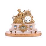 A late 19th-century J.W Benson 8-day figural spelter and alabaster mantle clock, with the figure