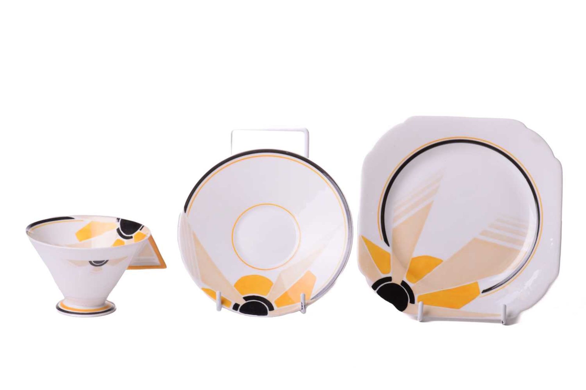 A 1930s Shelley 'Vogue Sunray' tea set, designed by Eric Slater, comprising: six teacups, six - Image 5 of 8