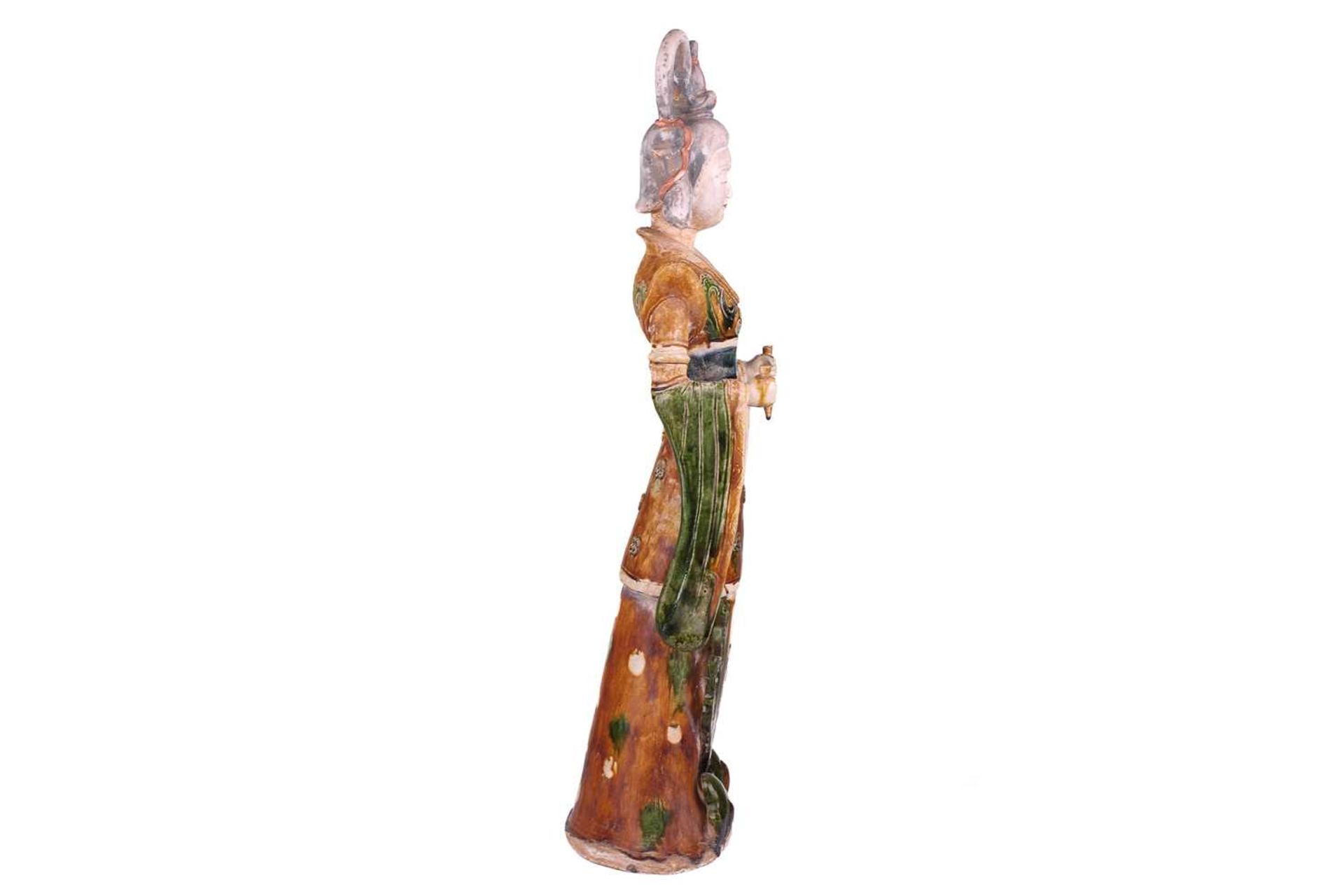 A Chinese sancai glazed pottery standing court figure, Minqi, (spirit object) possibly Tang dynasty, - Image 2 of 18