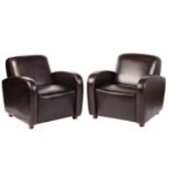 A pair of Art Deco style brown hide upholstered deep-seated easy armchairs, late 20th century,