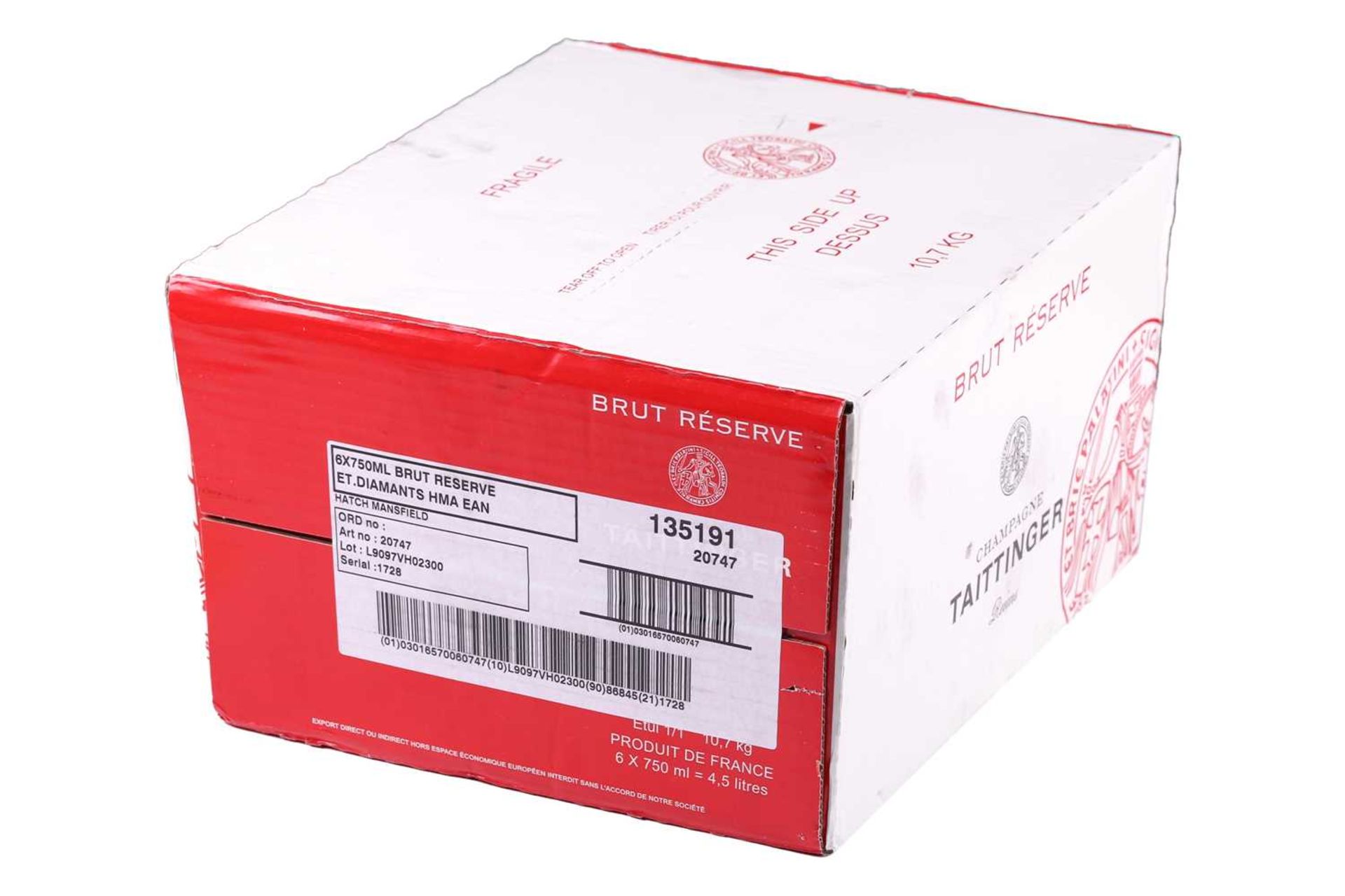 Six bottles of Taittinger Brut Reserve Champagne, 750ml in an unopened carton.Private collector in