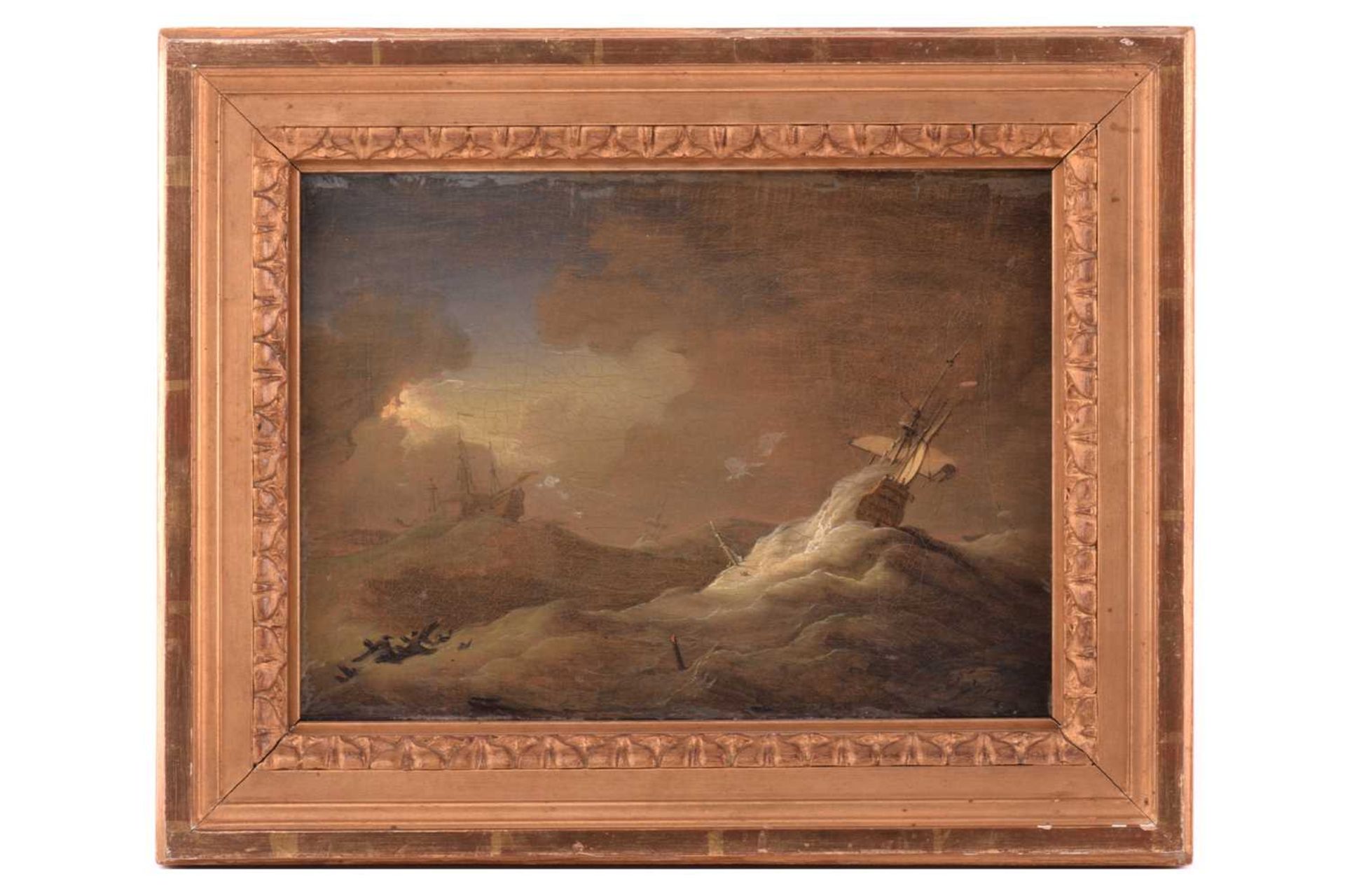 18th century Continental School, Galleons in a Storm, indistinctly signed bottom right, oil on