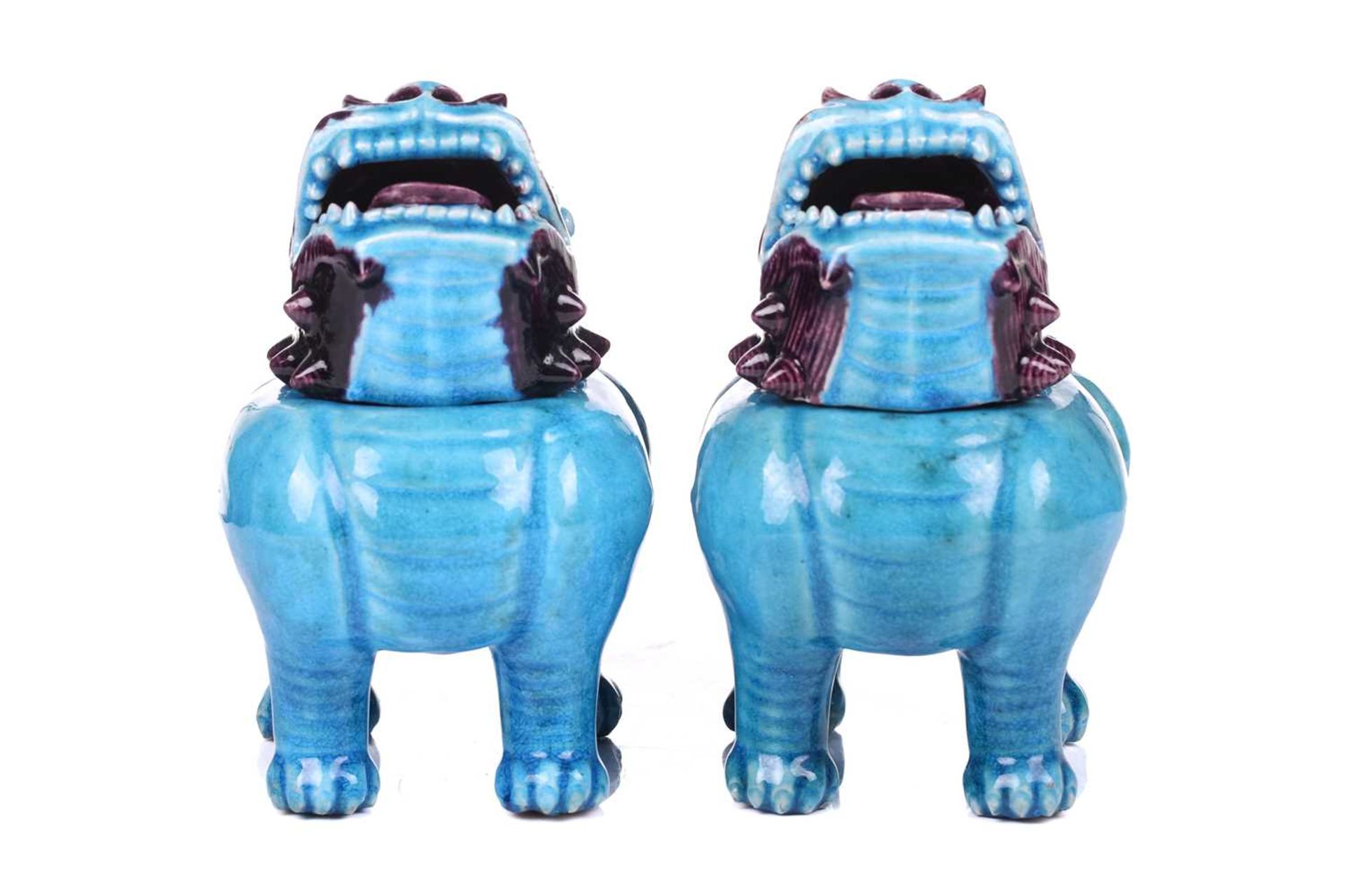 A pair of Chinese standing lion dogs, with removable heads and open mouths, in turquoise and - Image 3 of 24