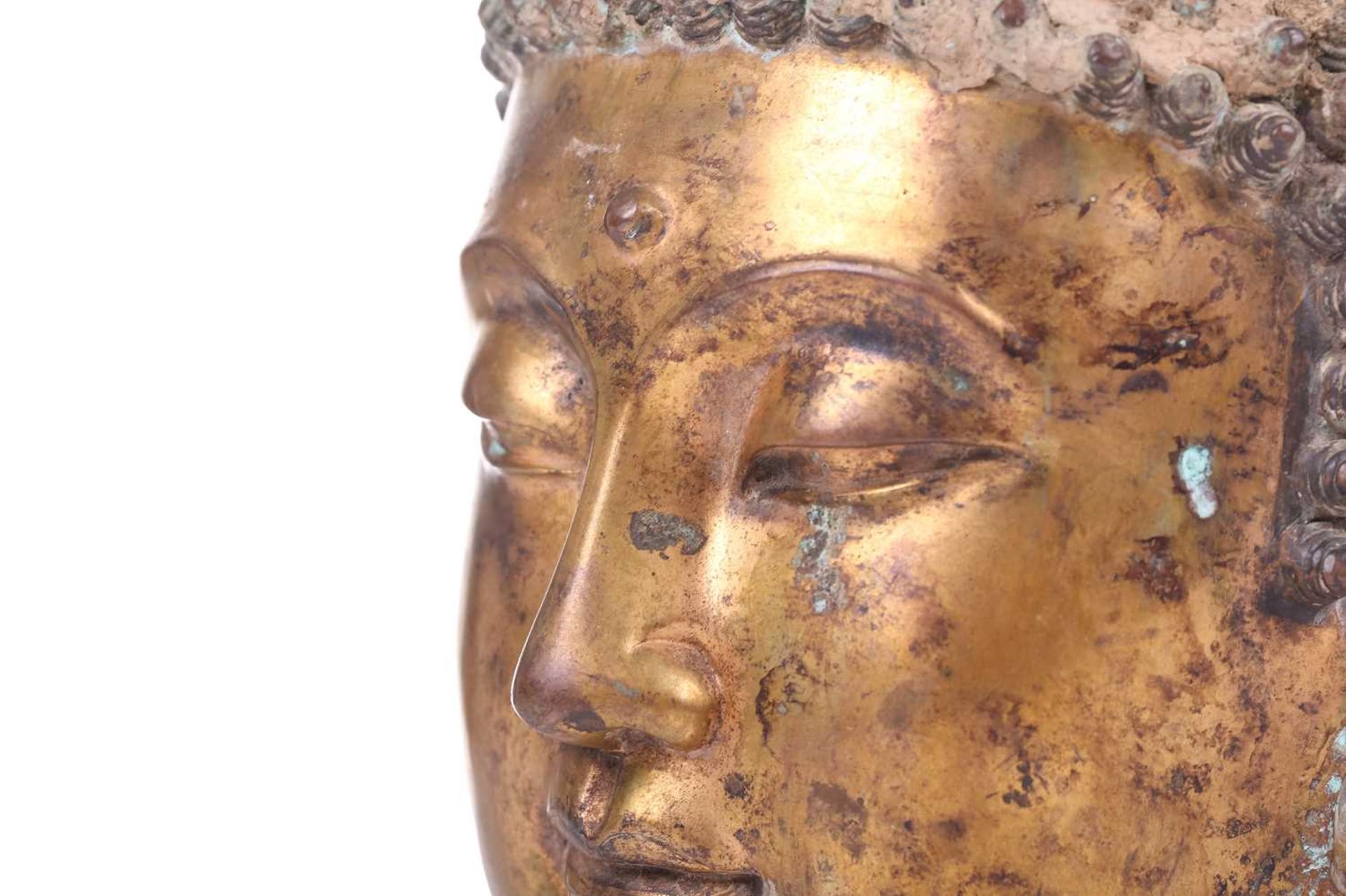 A Sino-Tibetan gilt bronze head of a Buddha, with elongated earlobes, tightly curled hair with domed - Image 9 of 9