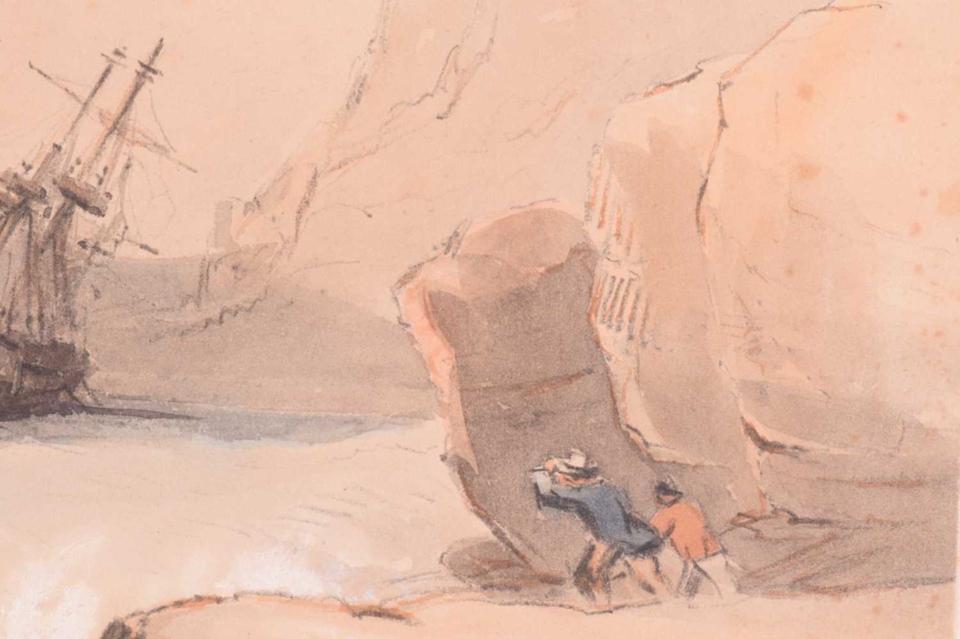 Attributed to Henry Bright (1810-1873), figures on a rocky coast, watching ships in heavy seas, - Image 3 of 7