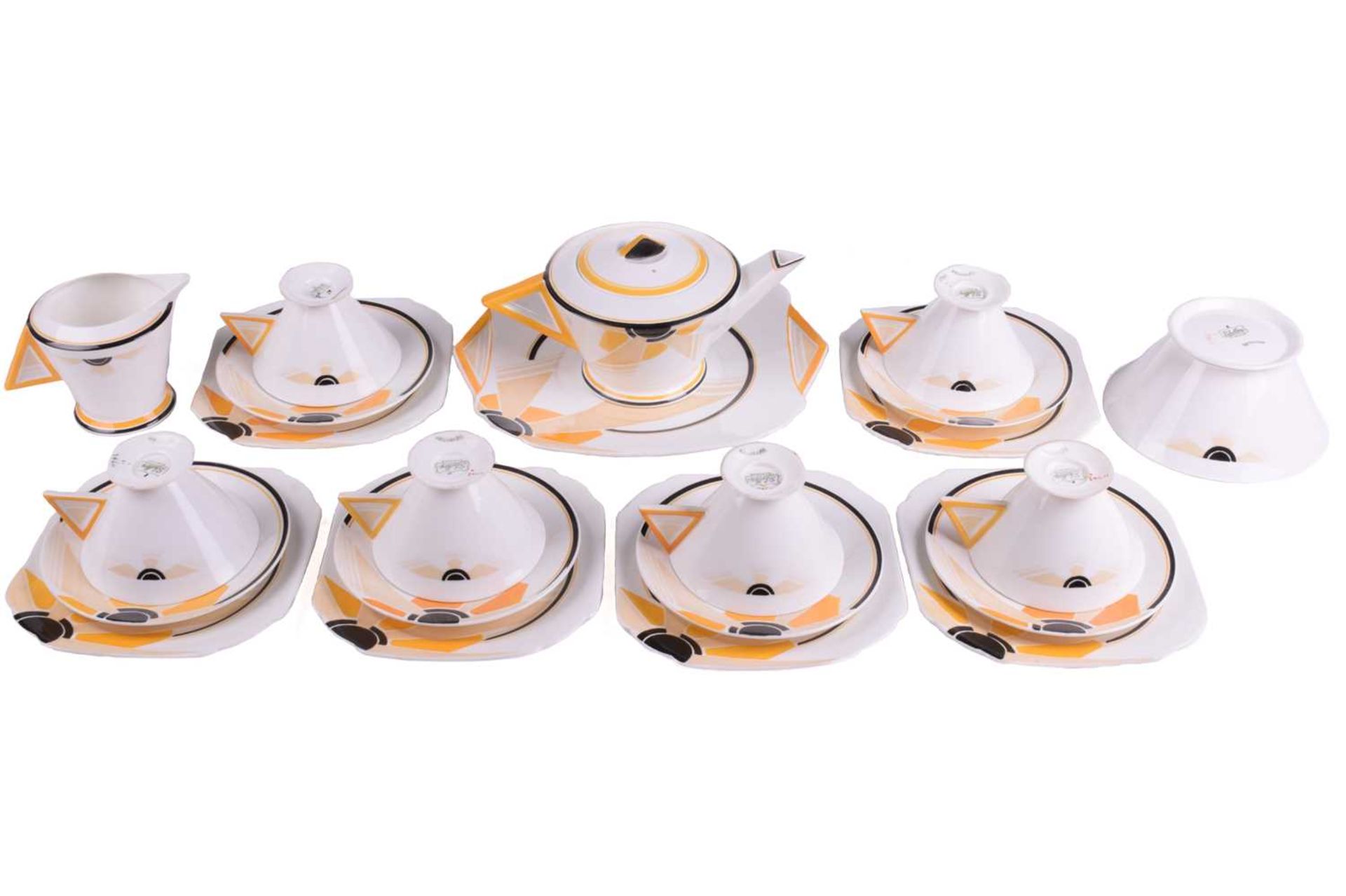 A 1930s Shelley 'Vogue Sunray' tea set, designed by Eric Slater, comprising: six teacups, six - Image 2 of 8