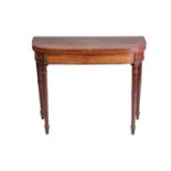 An early 19th century mahogany and rosewood crossbanded foldover card table, with bowed front