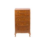 A Heal & Sons Ltd walnut and mahogany crossbanded bow front chest, five drawers, on cabriole legs,